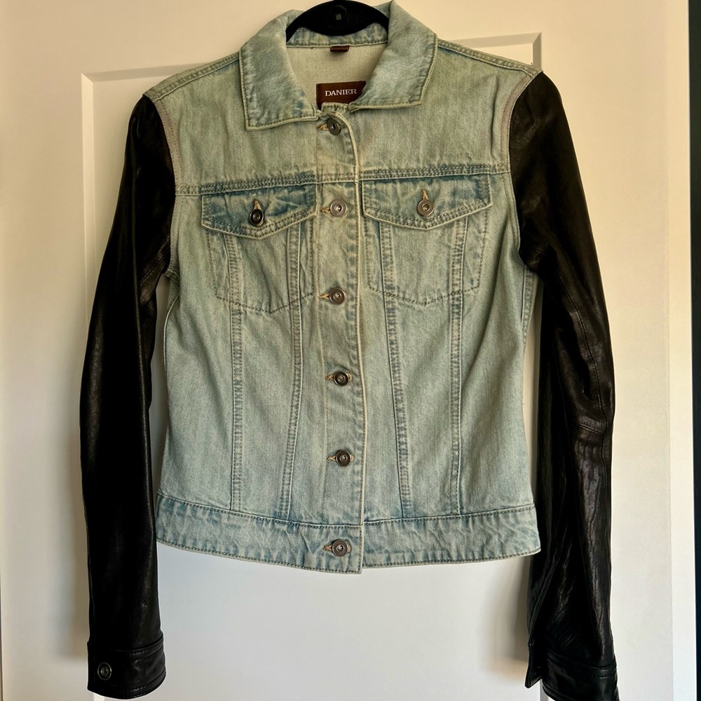 Danier Light Blue Denim Jacket with Black Leather Sleeves